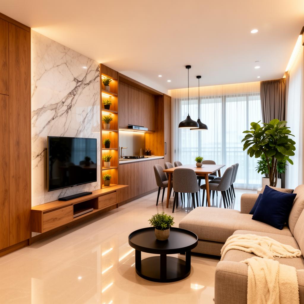 Minimalist Singapore condo interior with clean tiled flooring